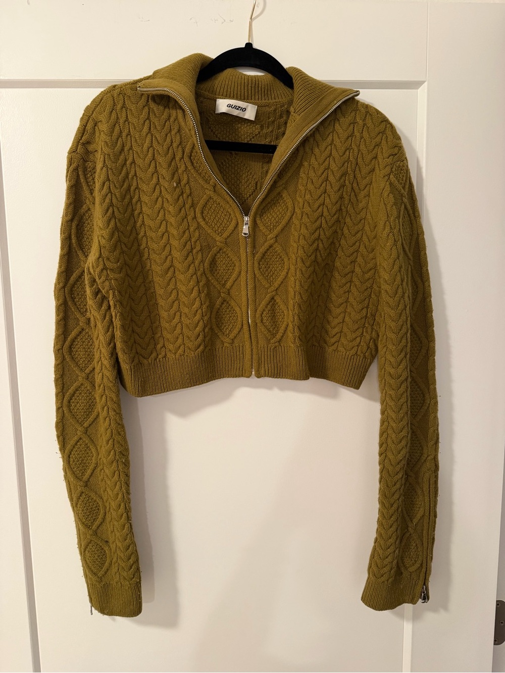 Danielle Guizio Olive Zip-Front Cable Knit Cropped sweater